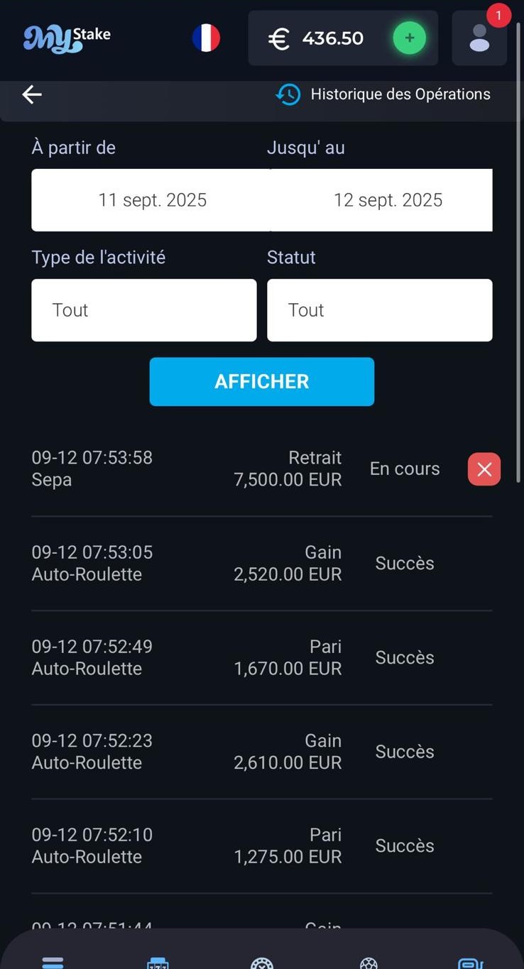 Retrait MyStake de 7 500 € en cours de traitement après des gains à l'Auto-Roulette