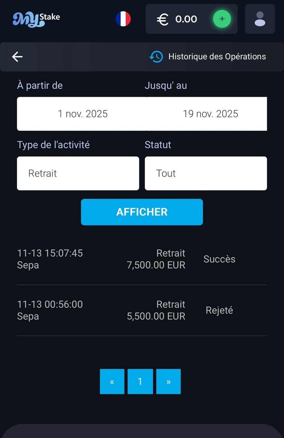 Retrait MyStake de 7 500 € au statut Succès