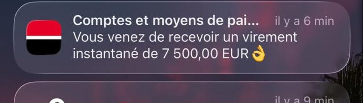 Notification de virement de 7 500 € reçu sur le compte bancaire